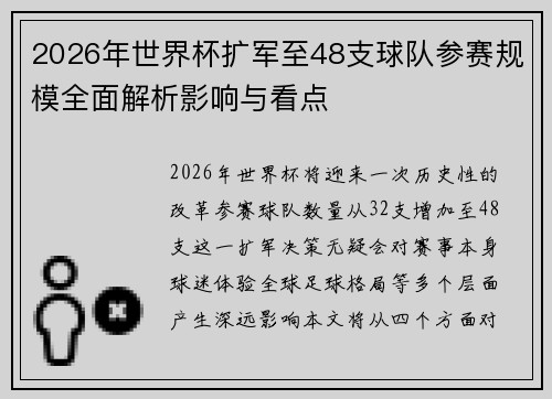 2026年世界杯扩军至48支球队参赛规模全面解析影响与看点
