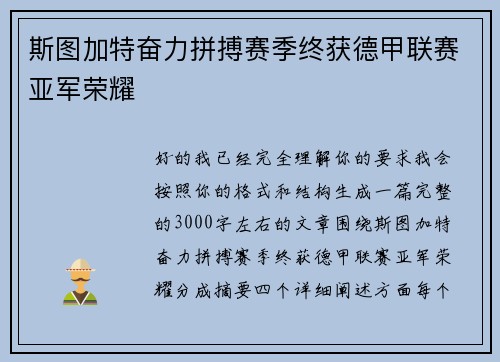 斯图加特奋力拼搏赛季终获德甲联赛亚军荣耀
